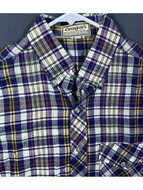 VTG 80s 90s Cougar Button Shirt M 20x28 Blue Plaid Hiking Outdoors Lightweight